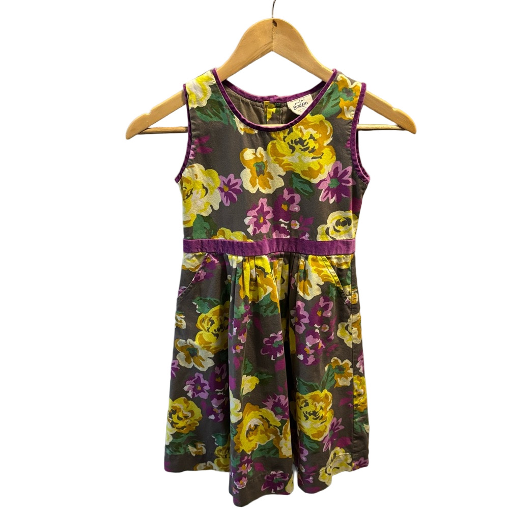 Mini Boden Floral Sleeveless Dress 9-10Y Pockets Velvet Purple Trim Back Buttons